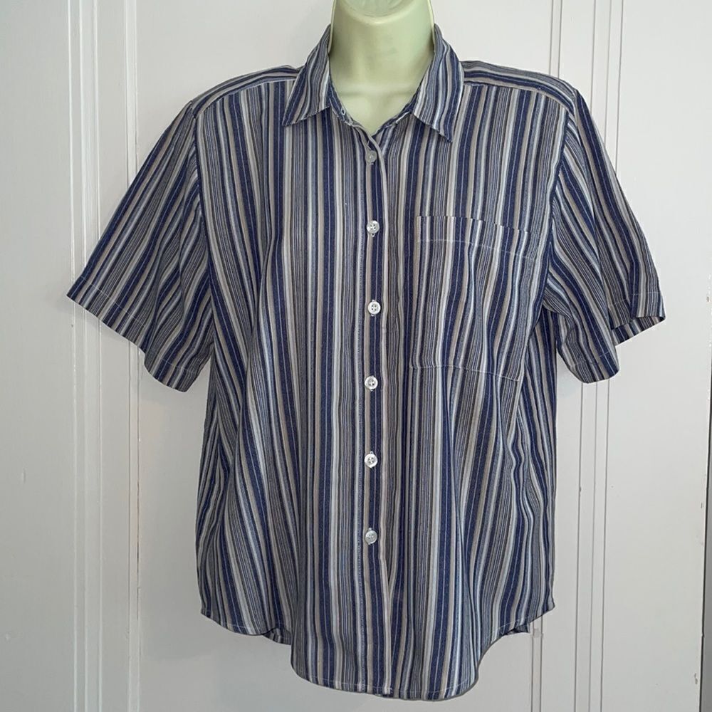 Vtg 80s/90s Monterey Petites by Koret blue, tan & white vertical striped shirt